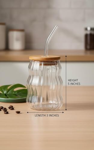 Image of Wave Shape Stripped Glass Coffee Tumbler (Pack of 2) with Wooden Lid and Straw, 550 ml, Transparent | Glass Tumbler for Coffee, ice Tea, Milk Shakes, Smoothies and Other Beverages