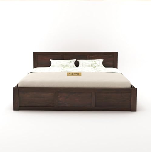 Image of Solid Sheesham Wood King Size with Hydraulic Storage | Wooden Double Bed Cot Palang Furniture for Bedroom Living Room and Home (Walnut Finish)