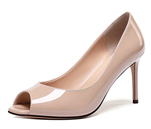 SAMMITOP Women's Peep Toe Pumps 80mm High Heel Shoes Slip On Patent Pumps Formal Shoes