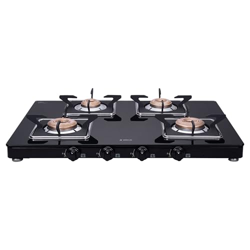 Image of Elica Slimmest 4 Burner Gas Stove | Ultra Slim Frame | Forged Brass Burners | Toughened Glass Top | 7 Year Warranty on Glass & 5 Year Warranty on Burners | 694 CT VETRO (SLIMLINE SPF 2J) | Black