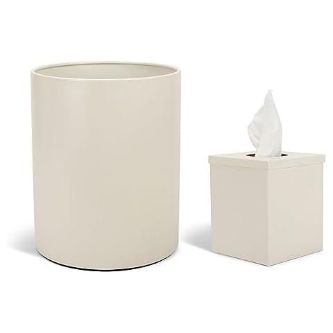 NAT AND JULES Round Bathroom Trash Can Wastebasket and Cube Tissue Box Holder Organizer Matching Accessory Set of 2, White Cover