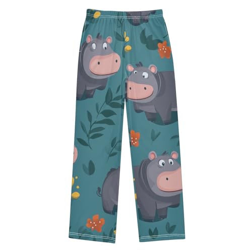 Cartoon Hippo Floral Boys Long Pants Soft Trousers Elastic Waist Kids Lounge Bottoms with Pockets S-XL