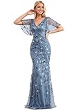 Ever-Pretty Women's Ruffles Sleeves Sequin Embroidery Evening Mother of The Bride Dress Dusty Navy US8