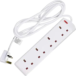 Heavy Duty Extension Lead UK Pin Plug and Cable, 4 Gang Way 2m Power Adapter, Multi Socket Mains Strip (1 Pack, White)