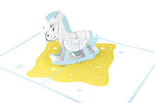 MOKIO® Pop-Up Baby-Karte – Schaukelpferd Junge blau – 3D Glückwunschkarte zur Geburt/Geburtstag eines Jungen… – Bild 3