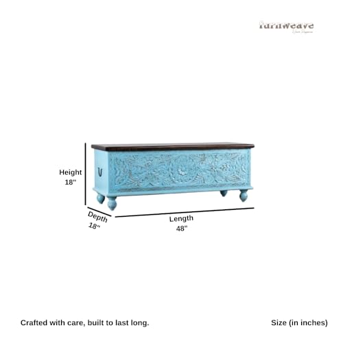 Image of Wifo Solid Wood Coffee Table for Living Room Wooden Trunk Box for Storage | Handcrafted Center Table for Living Room with Sandook Storage | Pitara for Bedroom (Blue Distress and Brown Top)
