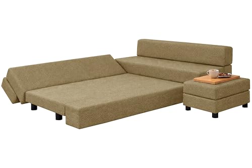 Image of Rosebell 3+2 Convertible Leg Sofa Cum Bed Set with Ottoman Foldable Modular Seating & Sleeper ? Space Saving Living Room Furniture Jute Fabric-Golden