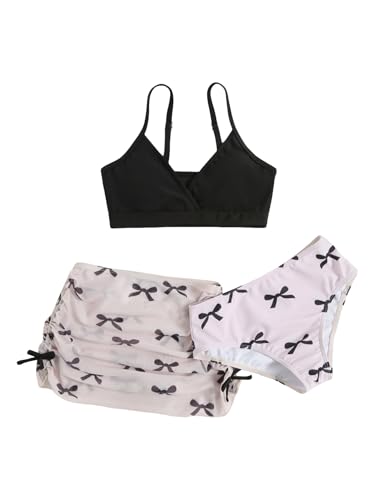 Image of COZYEASE Girls' 3 Piece Set Floral Print Bikini Swimsuit with Drawstring Beach Skirt Cute Ruched Bathing Suit