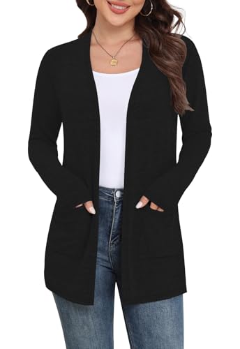 Yincro Womens Lightweight Cardigan Long Sleeve 0pen Front Casual Sweater Cardigans with Pockets (Black, XL)