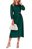PRETTYGARDEN Women's 2023 Satin Maxi Dress Puff Long Sleeve Crewneck Cutout Casual A-line Long Flowy Dresses (Dark Green,Large)