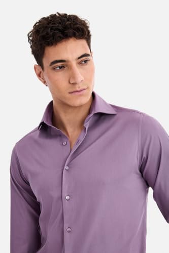 Image of SNITCH Men Formal Shirt | Tailored Slim Fit Full Sleeve Spread Collar Solid Style | Breathable Polyester Viscose Blend Twill Fabric for Office & Evening