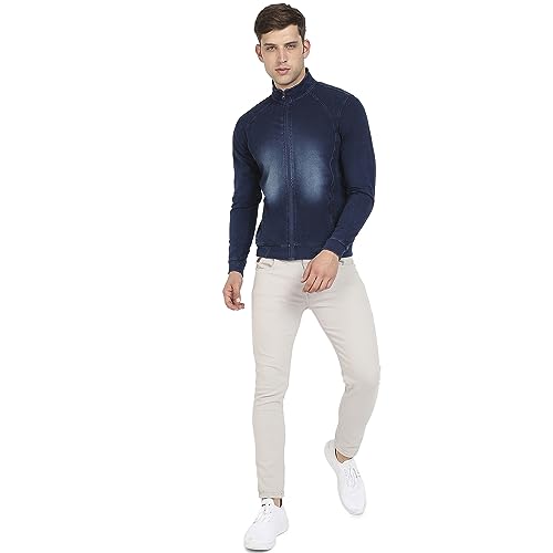 Image of Campus Sutra Men's Navy Blue Zip-Front Dark-Wash Denim Jacket For Casual Wear | High Neck | Long Sleeve | Zipper Closure | Cotton Jacket Crafted With Comfort Fit For Regular Wear