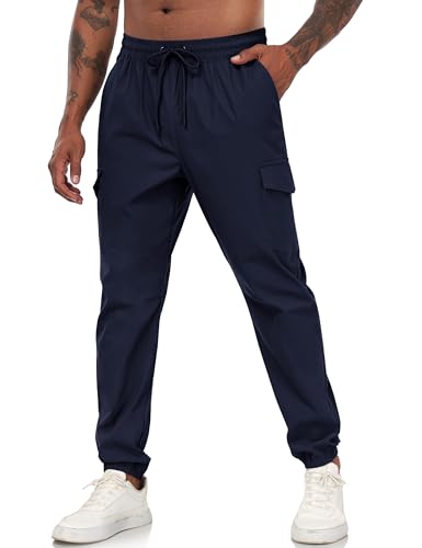 Men's Lightweight Cargo Joggers with Pockets Adjustable Elastic Drawstring Waist Tapered Cuffs Breathable Quick Dry Hiking Pants for Outdoor Workwear Casual Travel Gym Running Athletic Navy