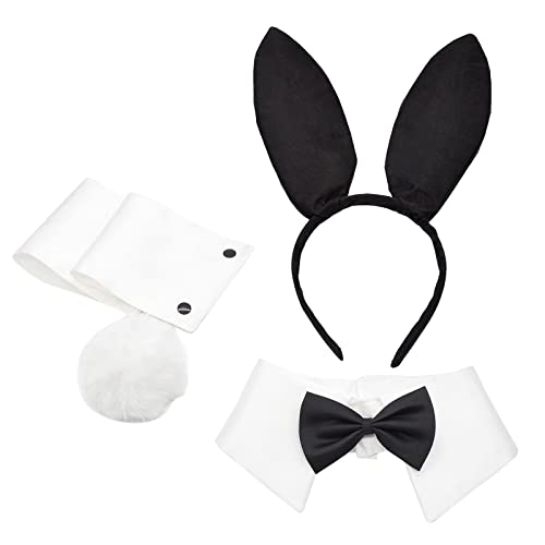 Disfarce de cosplay com orelhas de coelho com laço e cauda (branco, tamanho único)