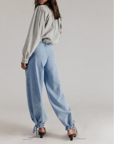 yoeasy Women's Lotus Tube Jeans Mid Rise Baggy Wide Leg Barrel Jeans Ruffle Pleated Denim Pants with Drawstring4