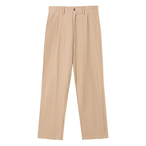 Casual Dressy Pants for Men Linen Striped Straight Leg Suit Trousers Waist Button Baggy Breathable Pants with Pockets3
