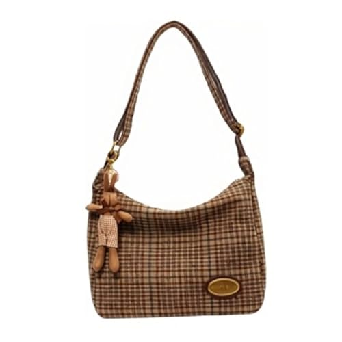 Image of Plaid Purses for Women - Wool Handbag with Pendant, Hobo Shoulder Bag and Tartan Fabric Clutch (Khaki)