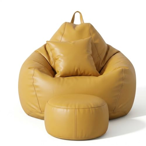Image of 5XL Premium Leatherette Bean Bag with Rectangular Footrest & Cushion | High Density EPS Beans Filled | Teardrop Shape with Handle | 6 Months Warranty (Yellow, 5XL Combo Pack, Solid)