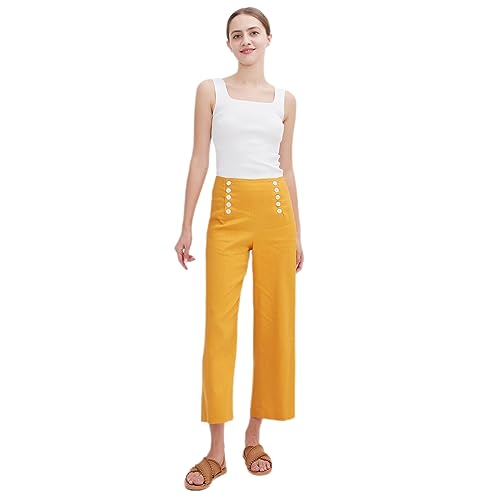 ASSUAL Women's Linen Blend Mid-High Waist Vintage Button Sailor Pants 0794