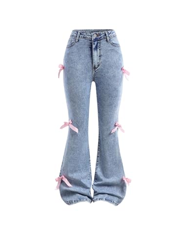 GORGLITTER Girl's Bow Baggy Jeans Wide Leg Flare Y2k Zipper Skinny Cute Denim Pants with Pockets