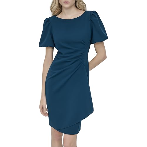 DKNY Women's Short Sleeve Boat Neck Side Ruched Dress
