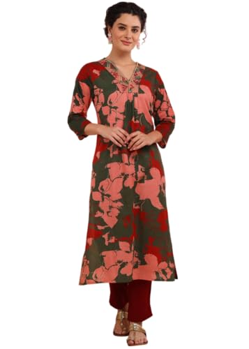Image of Maaesa Women Printed Rayon Slub Straight Kurta