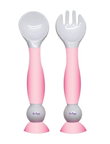 Ange Bendable Spoon and Fork Set with Suction Cup/BPA Free Spoon and Fork for Baby (Pink)