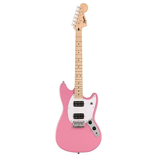 Squier by Fender - Guitarra eléctrica Mustang HH, diapasón de arce, golpeador blanco, rosa flash, Incluye cursos virtuales gratuitos en Fender Play