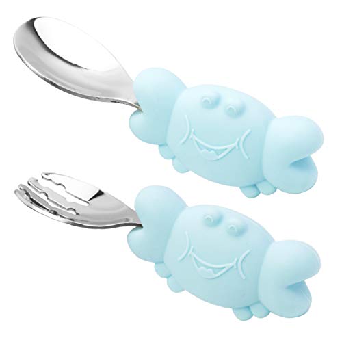 Qshare Ensemble cuillère et fourchette pour bébé, vaisselle d'apprentissage pour tout-petits, en silicone et acier inoxydable, Easy Grip, Parfait Auto-Alimentation Cuillères D'apprentissage Cover