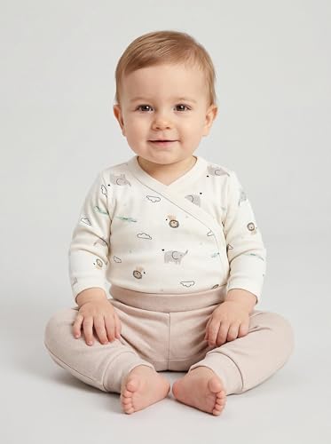 TupTam Baby Jungen Langarm Wickelshirt Baumwolle 5er Set, Farbe: Braun_Sterne_Beige_Streifen_Tiere, Kinder Größe: 56