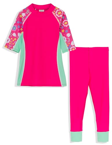 Image of Tuga Girls Short Sleeve Rash Guard and Swim Legging Bathing Suit Set, UPF 50+