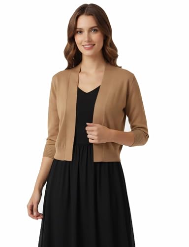 Image of Allsense Women's 3 /4 Sleeve Cropped Shrug Cardigan | Classic Bolero, Open-Front, Lightweight Soft Fine Knit Cover Up