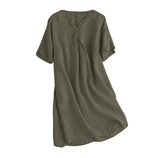 FTCayanz Damen Sommerkleid Leinenkleider V-Ausschnitt Kurzarm Midi Kleid Lange Tunika Bluse Khaki-grün M