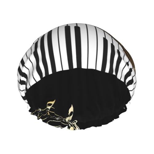 Gorro de ducha impermeable con banda elástica, gorro de ducha reutilizable de doble capa para mujer,Notas musicales negras