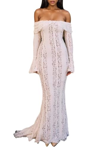 Women Elegant Off Shoulder Lace Bodycon Maxi Dress Bell Sleeve Mesh Sheer Mermaid Wedding Party Dress