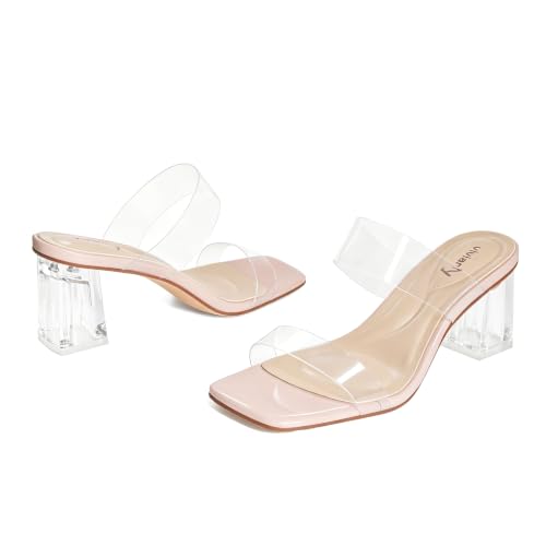 Image of vivianly Women Clear Low Block Heels Transparent Sandals | Square Open Toe Chunky High Heels Slip on Heeled Sandals Mules Slide for Party Wedding Dress Shoes