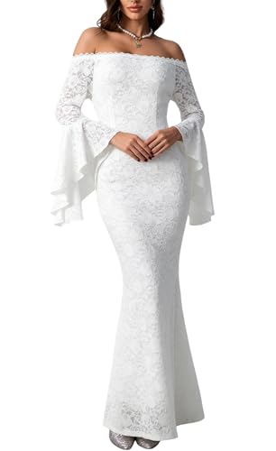Image of HOYISHION Women's Off The Shoulder Floral Lace Maxi Dress White Bridesmaid Wedding Party Maternity Photoshoot Long Dresses