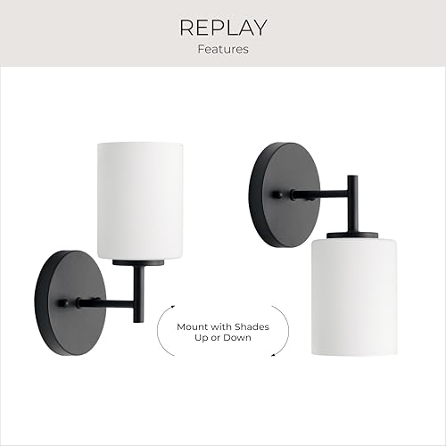 Image of Progress Lighting Replay Collection 1 Light Bathroom Vanity Light, Modern Bath Lighting Fixture with Etched White Glass Shades for Over The Mirror, Reversible Mounting, Textured Black