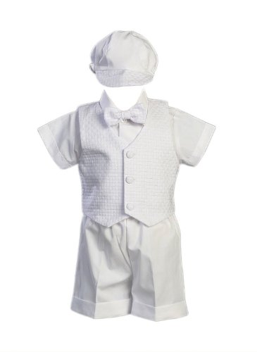 Swea Pea & Lilli Poly Cotton Christening Short Set with Basket Weave Vest and Hat,White,18-24 Month (23-27 lbs)