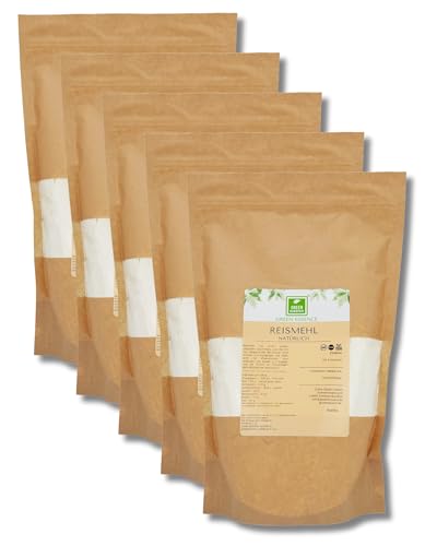 Fein Gemahlenes Reismehl 5x1Kg von der Grüne Essenz Reismehl aus Weißreis ideal für und Reispudding für Omeletten und Pfannkuchen aus Reis Fein Naturbelassen Reispulver (5 Kg)