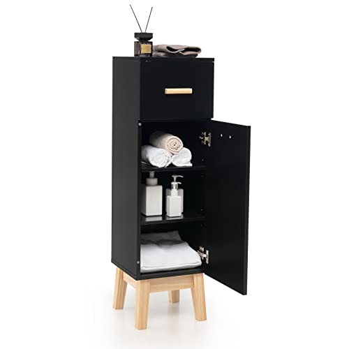 COSTWAY Meuble Autoportant de Salle de Bain avec 1 Tiroir et 1 Porte,Armoire de Rangement sur Pieds avec Etagères Réglables,Placard en Bois Moderne pour Salon Cuisine,30 x 30 x 102cm,Noir (Noir)