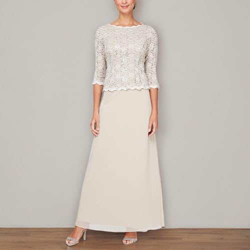 Image of Alex Evenings Women's 3 /4 Sleeve Stretch Lace Bodice Mock One Piece Gown