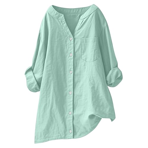 Tunic Tops to Wear with Leggings Casual V Neck Button Down Shirts Loose Long Sleeve Cotton Linen Blouses with Pocket