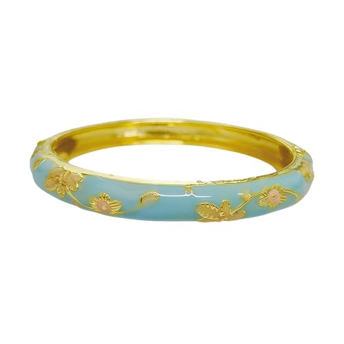 BlingNook Cloisonne Bracelet For Women Chunky Bangle Trendy Cute Flower Enamel Bangles Multi Tone Engraved Cuff Gold Plated Bracelets Stackable Wife Jewelry Friendship Gift (Blue One Size)