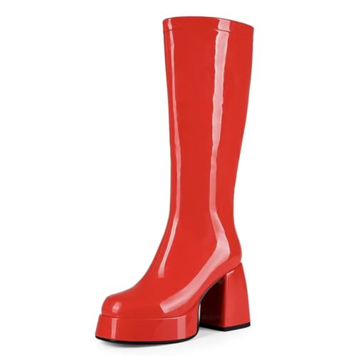 OAOKUSI Womens Red Gogo Boots Knee High Platform Chunky Heel Square Toe Patent Leather 70s Disco Costume Boots for Party Halloween Cosplay(US8)