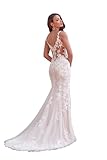 Mermaid Wedding Dresses Long Tulle V Neck Lace Applique Spaghetti Strap Sleeveless Wedding Gown for Bride White 4
