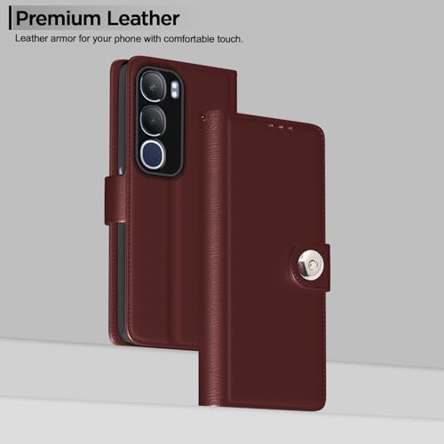 Image of Pikkme Flip Cover Leather Finish | Inside TPU with Card Pockets | Wallet Stand and Shock Proof | Complete Protection Button Flip Case for Vivo Y19s(Brown)