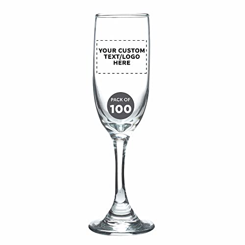 DISCOUNT PROMOS Custom Premiere Champagne Flutes 6.25 oz. Set of 100, Personalized Bulk Pack - Elegant Drinkware for Weddings, Events, & Promotional Gifts - Clear