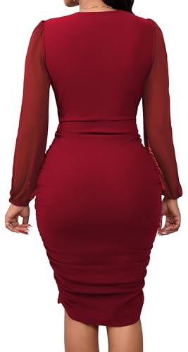 Image of SeNight Women Church Dress Sexy V Neck Dresses Bodycon Black Long Sleeve Mini Dresses