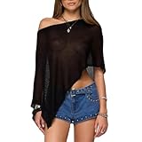Raruxxin Women Sheer Poncho Top Sexy Y2k Sheer Crochet Off Shoulder Asymmetric Loose Knit Shrug Shawl Summer Beach Cover Ups